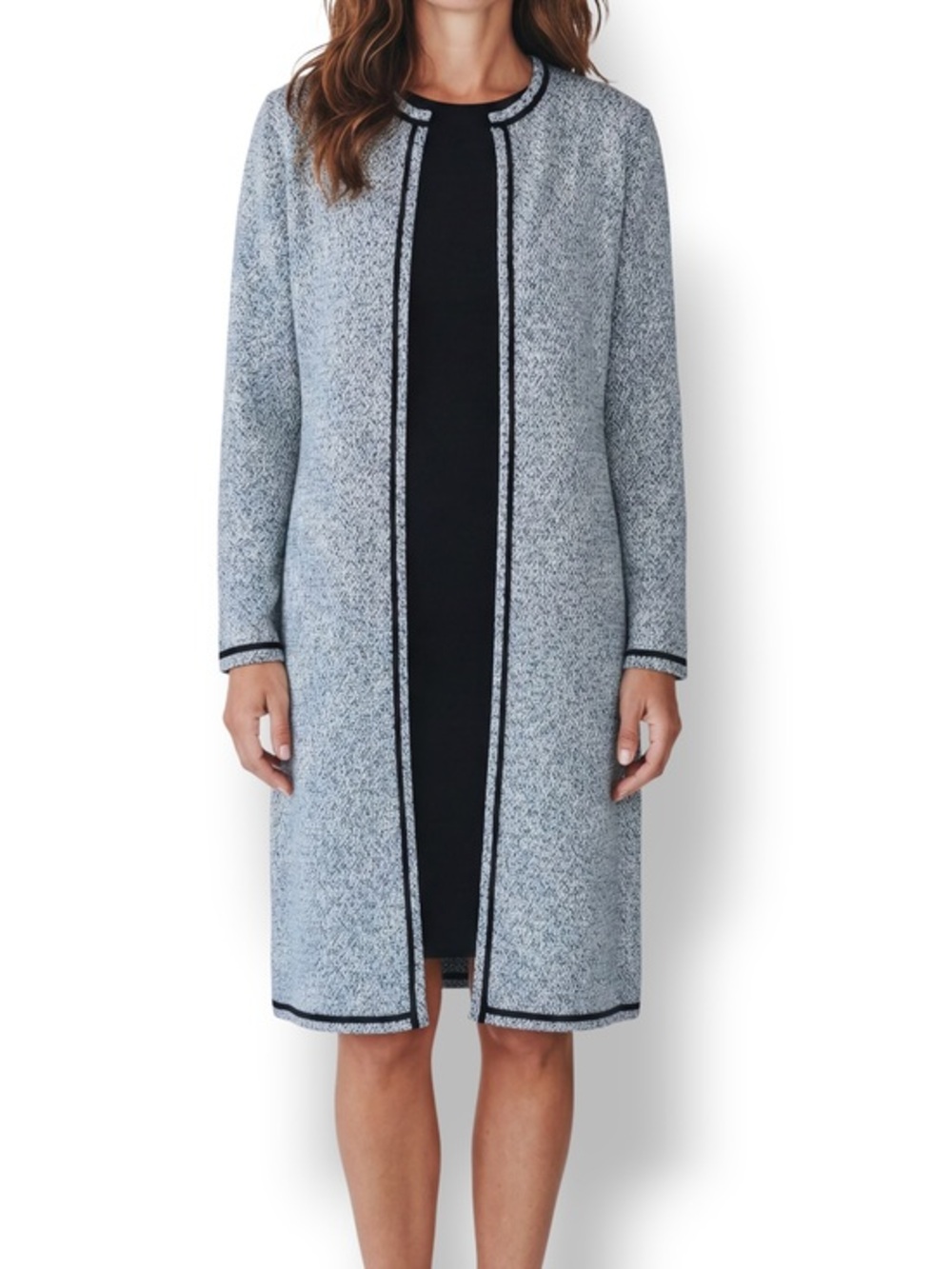 Vintage St. John Collection by Marie Gray Aqua Blue Black Knit Duster Cardigan